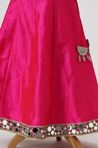 Yellow and pink embroidered raw silk organza lehenga set