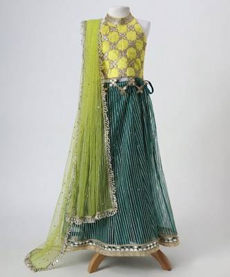 Yellow and green embroidered raw silk organza lehenga set 1