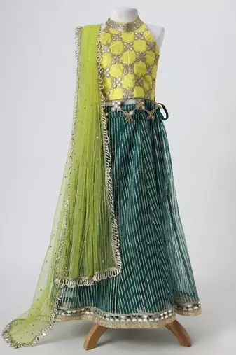 Yellow and green embroidered raw silk organza lehenga set