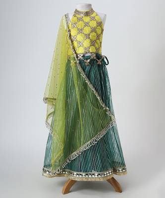 Yellow and green embroidered raw silk organza lehenga set 2