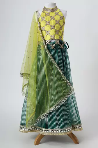 Yellow and green embroidered raw silk organza lehenga set