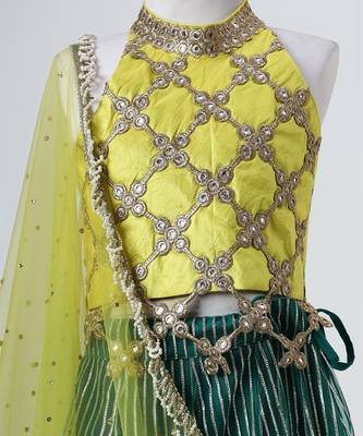 Yellow and green embroidered raw silk organza lehenga set 3