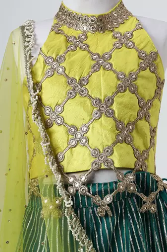 Yellow and green embroidered raw silk organza lehenga set
