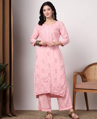 Women pink floral motifs embroidered lucknowi chikankari kurta & palazzo sets 1