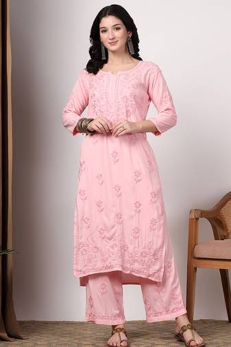 Women pink floral motifs embroidered lucknowi chikankari kurta & palazzo sets