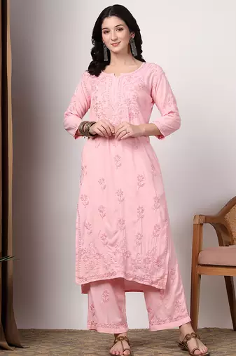 Women pink floral motifs embroidered lucknowi chikankari kurta & palazzo sets