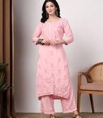 Women pink floral motifs embroidered lucknowi chikankari kurta & palazzo sets