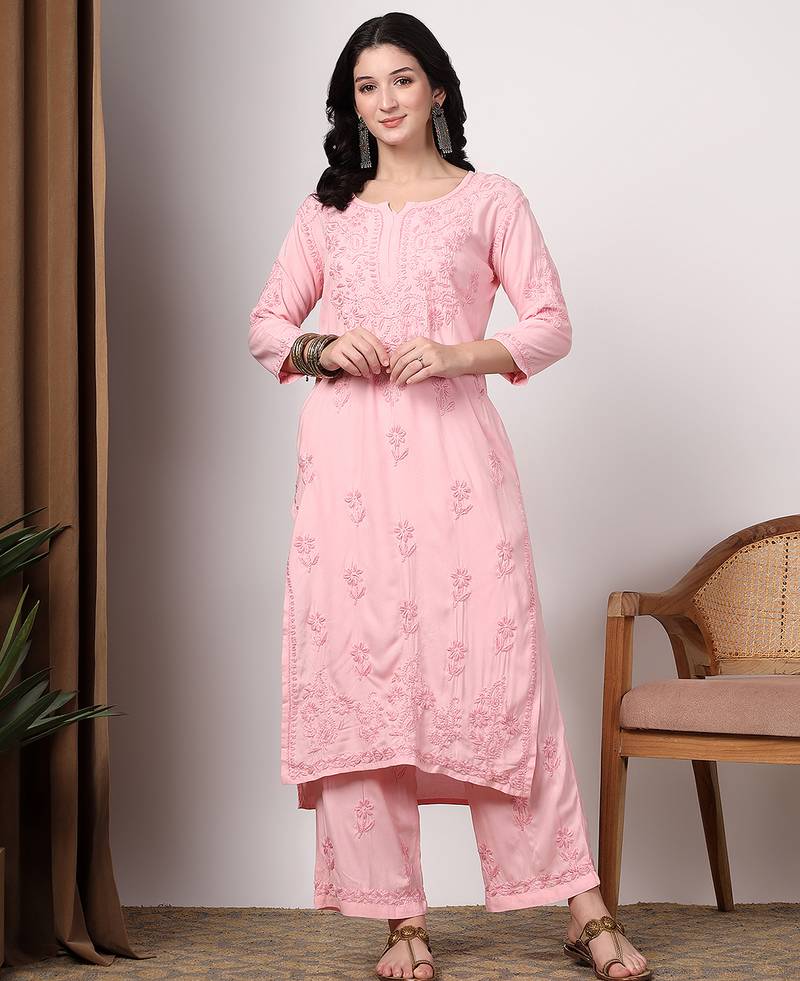Women pink floral motifs embroidered lucknowi chikankari kurta & palazzo sets
