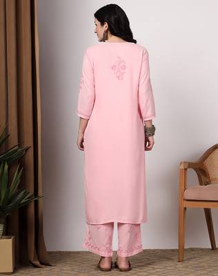 Women pink floral motifs embroidered lucknowi chikankari kurta & palazzo sets 2