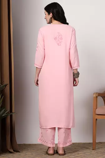 Women pink floral motifs embroidered lucknowi chikankari kurta & palazzo sets