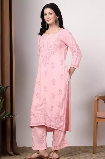 Women pink floral motifs embroidered lucknowi chikankari kurta & palazzo sets