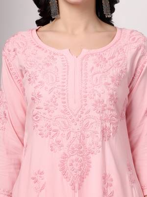 Women pink floral motifs embroidered lucknowi chikankari kurta & palazzo sets 4