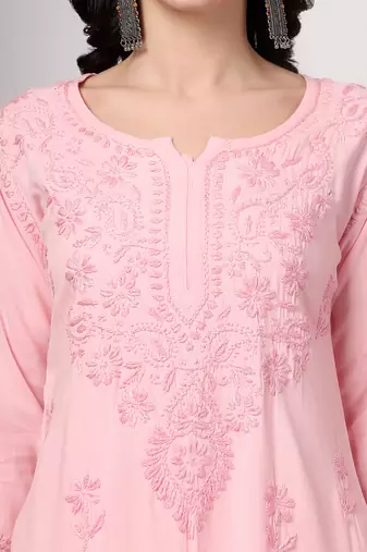 Women pink floral motifs embroidered lucknowi chikankari kurta & palazzo sets