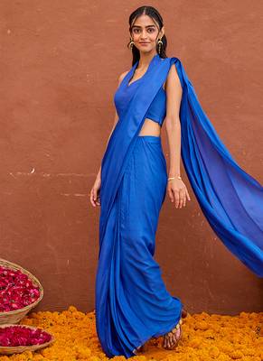 Blue satin silk blend saree set 2