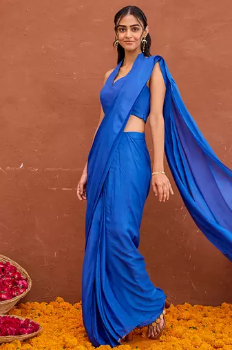 Blue satin silk blend saree set