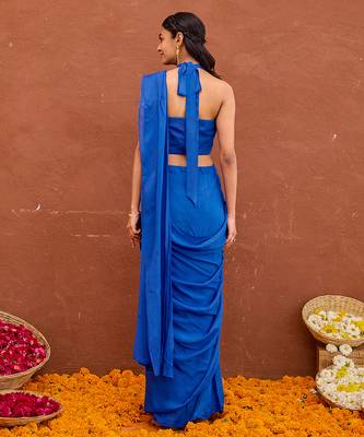 Blue satin silk blend saree set 4