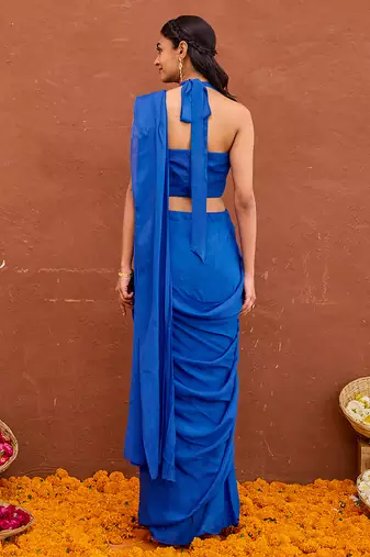 Blue satin silk blend saree set