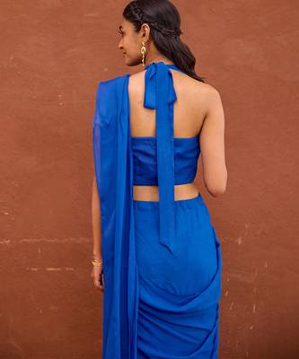 Blue satin silk blend saree set 5