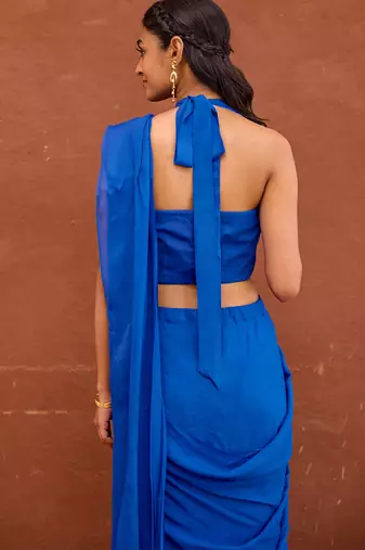 Blue satin silk blend saree set