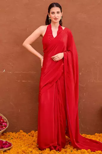Deep red satin silk blend saree set