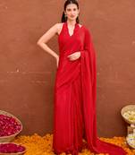 Deep red satin silk blend saree set