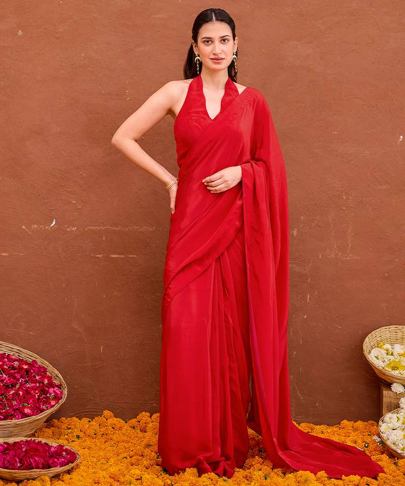 Deep red satin silk blend saree set