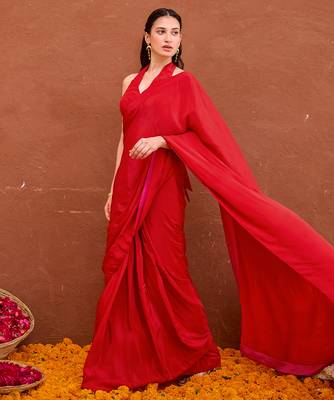 Deep red satin silk blend saree set 3