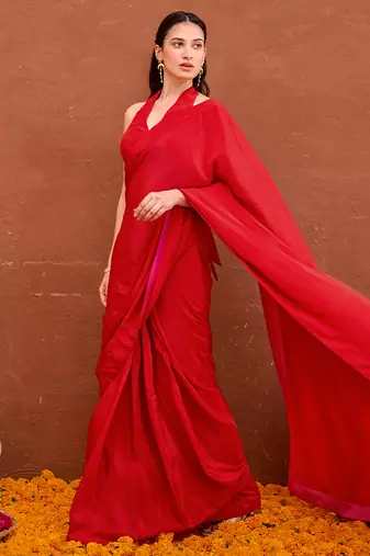 Deep red satin silk blend saree set