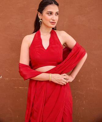 Deep red satin silk blend saree set 4