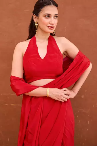 Deep red satin silk blend saree set