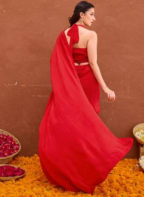 Deep red satin silk blend saree set 5
