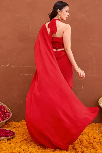 Deep red satin silk blend saree set