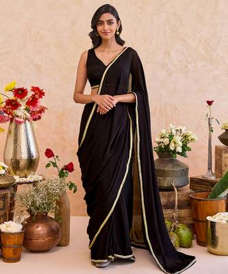 Black embroidered crepe silk blend saree set 1