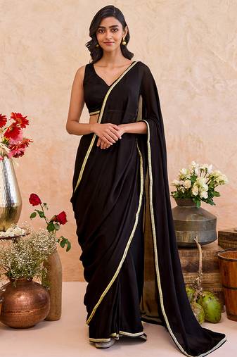 Black embroidered crepe silk blend saree set