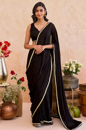 Black embroidered crepe silk blend saree set