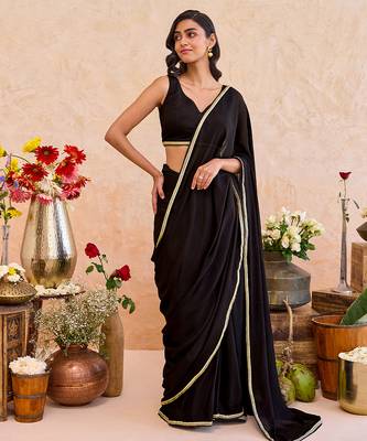 Black embroidered crepe silk blend saree set 2