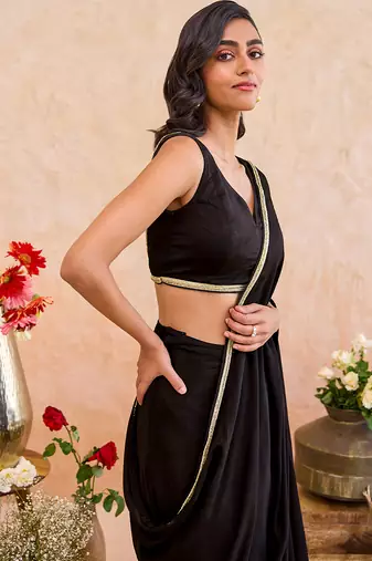 Black embroidered crepe silk blend saree set
