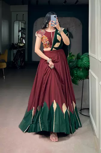 Navratri Women Chinon Silk Gotta Work Lehenga Choli with Kodi Lace & Dupatta - full stitched free Size 