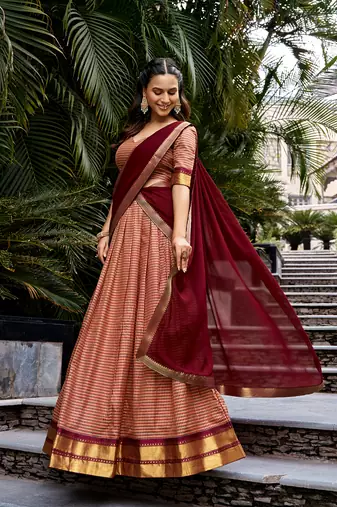 Women's Kanchi Cotton Checked Semi-Stitched Lehenga Choli with Georgette Dupatta