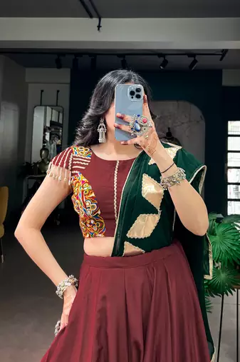 Navratri Women Chinon Silk Gotta Work Lehenga Choli with Kodi Lace & Dupatta - full stitched free Size 