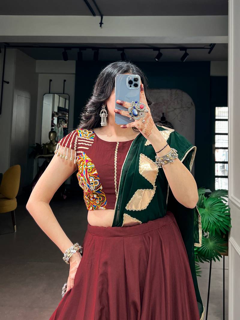 Navratri Women Chinon Silk Gotta Work Lehenga Choli with Kodi Lace & Dupatta - full stitched free Size 