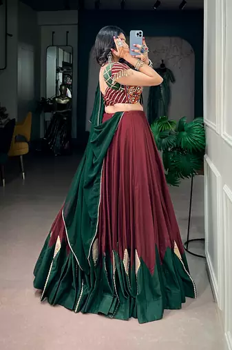 Navratri Women Chinon Silk Gotta Work Lehenga Choli with Kodi Lace & Dupatta - full stitched free Size 
