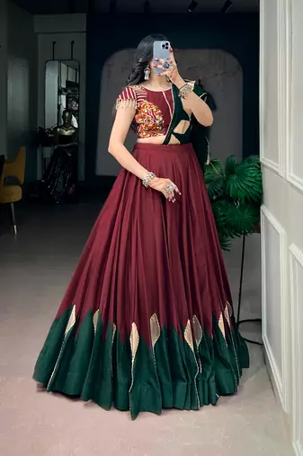 Navratri Women Chinon Silk Gotta Work Lehenga Choli with Kodi Lace & Dupatta - full stitched free Size 