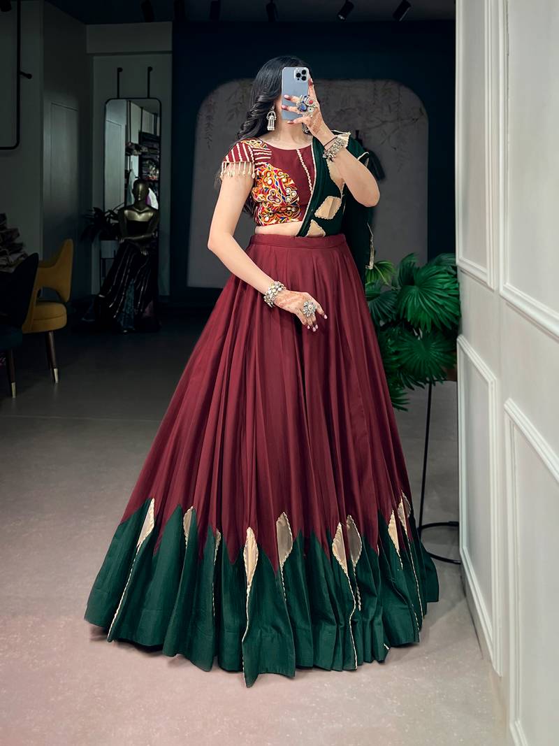 Navratri Women Chinon Silk Gotta Work Lehenga Choli with Kodi Lace & Dupatta - full stitched free Size 