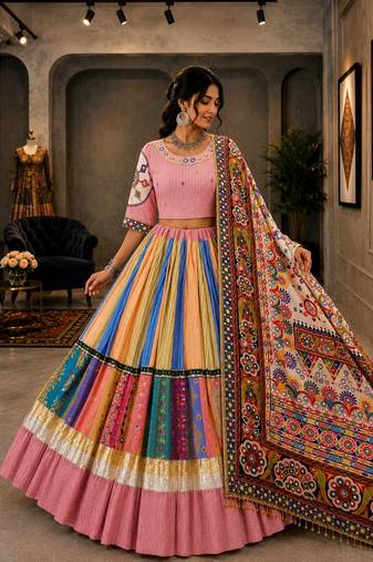 Baby Pink Multicolour Navratri Lehenga Choli With Dupatta
