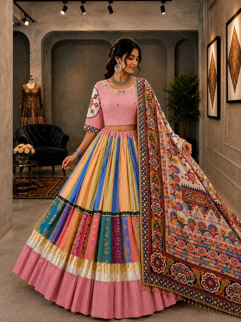 Baby Pink Multicolour Navratri Lehenga Choli With Dupatta
