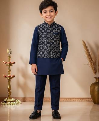 boys navy cotton kurta pyjama set with embroidered sequined waistcoat 1