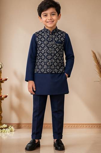 boys navy cotton kurta pyjama set with embroidered sequined waistcoat
