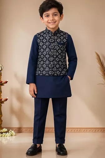 boys navy cotton kurta pyjama set with embroidered sequined waistcoat
