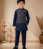 boys navy cotton kurta pyjama set with embroidered sequined waistcoat
